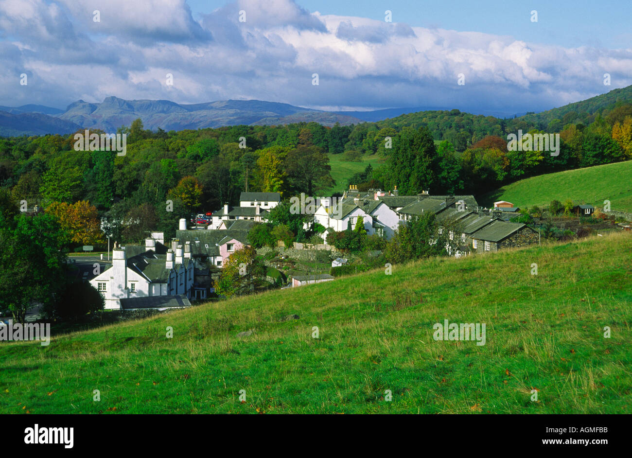 White houses of the village of Troutbeck Bridge in the Lake District