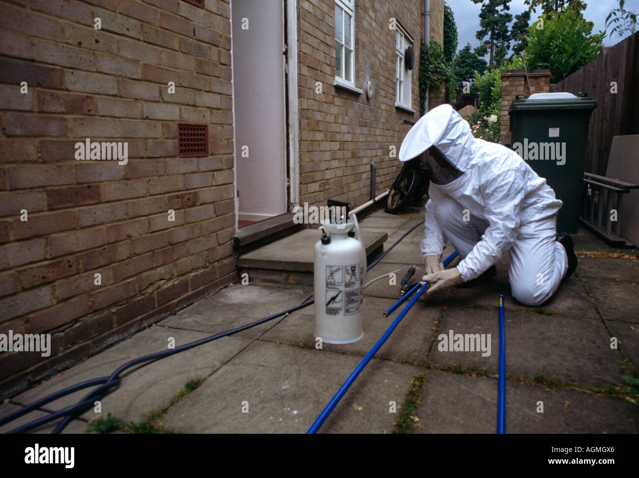 Exterminator wearing Special Clothing For Protection - Removing Wasps Stock Photo