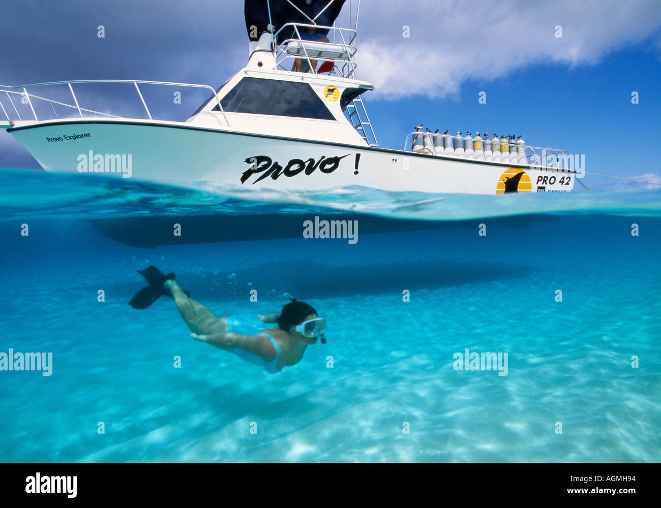 Turks Caicos Islands Providenciales Provo Dive Provo dive boat under over  at Northwest Point Stock Photo - Alamy