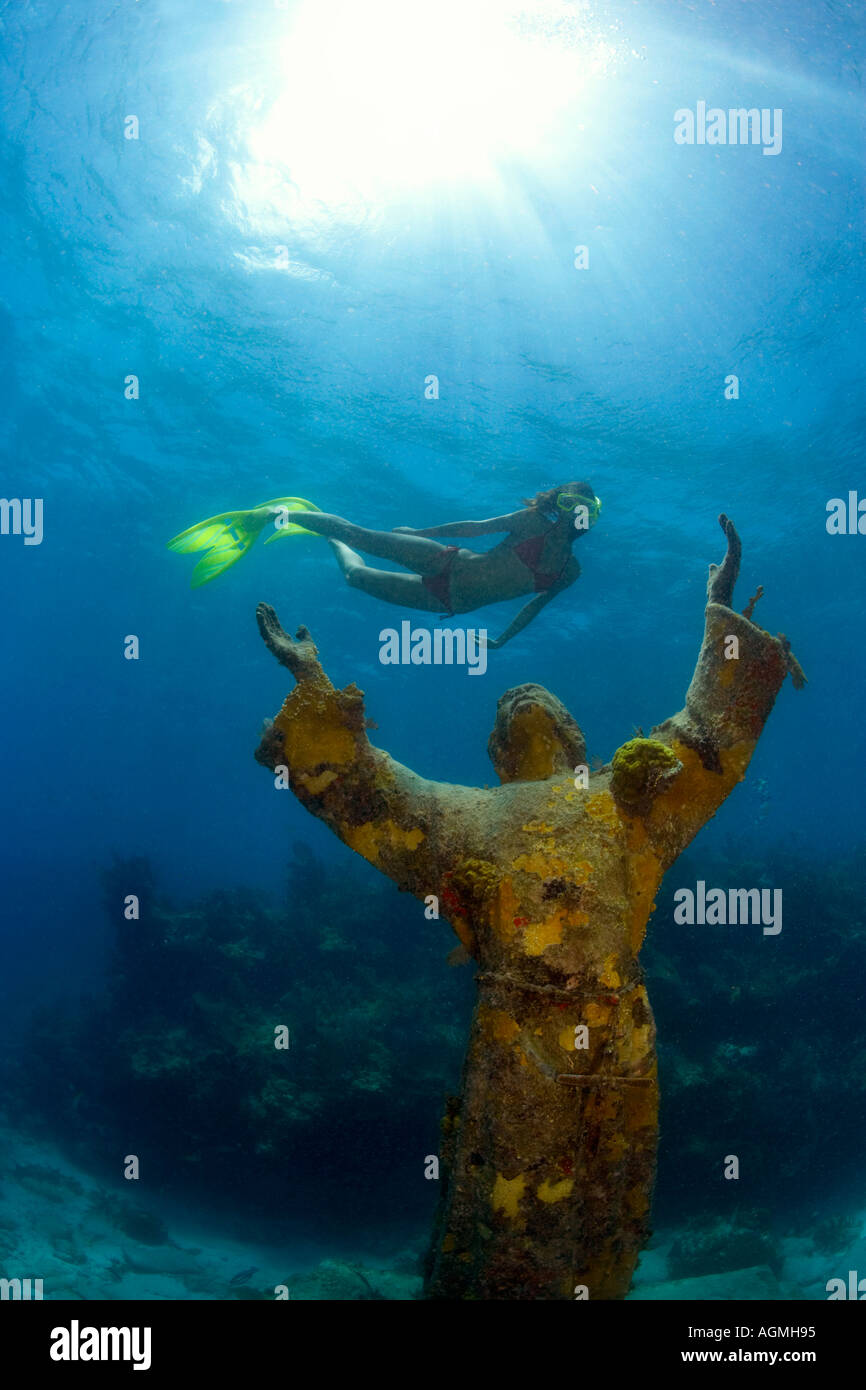 Christ of the Deep 9 bronze statue and snorkeler Pennecamp State Park Key Largo Florida Stock Photo
