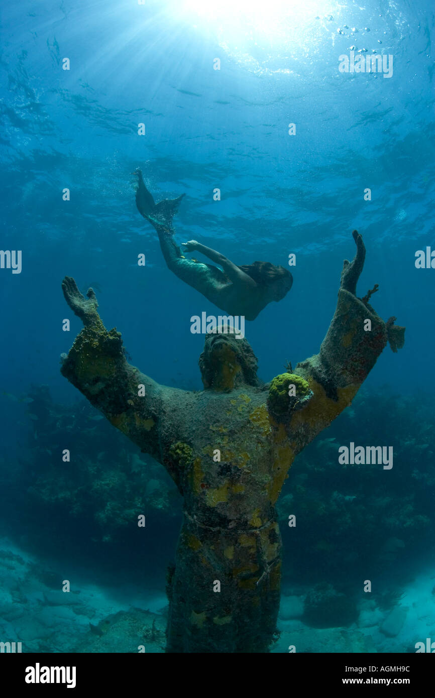 Christ of the Deep 9 bronze statue with mermaid Pennecamp State Park