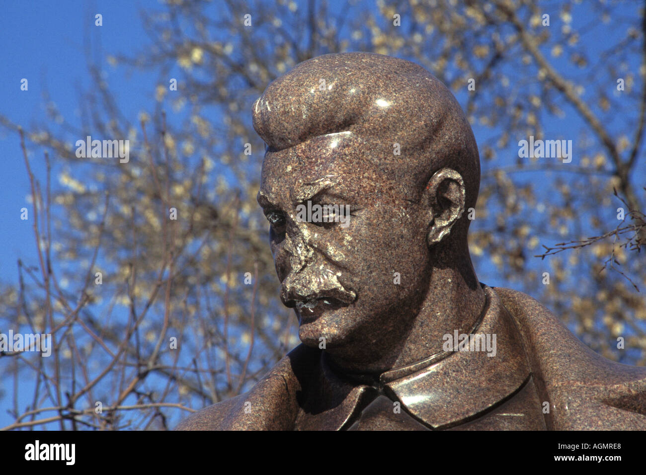 Vandalized marble statue of the Soviet dictator Joseph Stalin at the Graveyard of Fallen Monuments in Moscow Russia Stock Photo