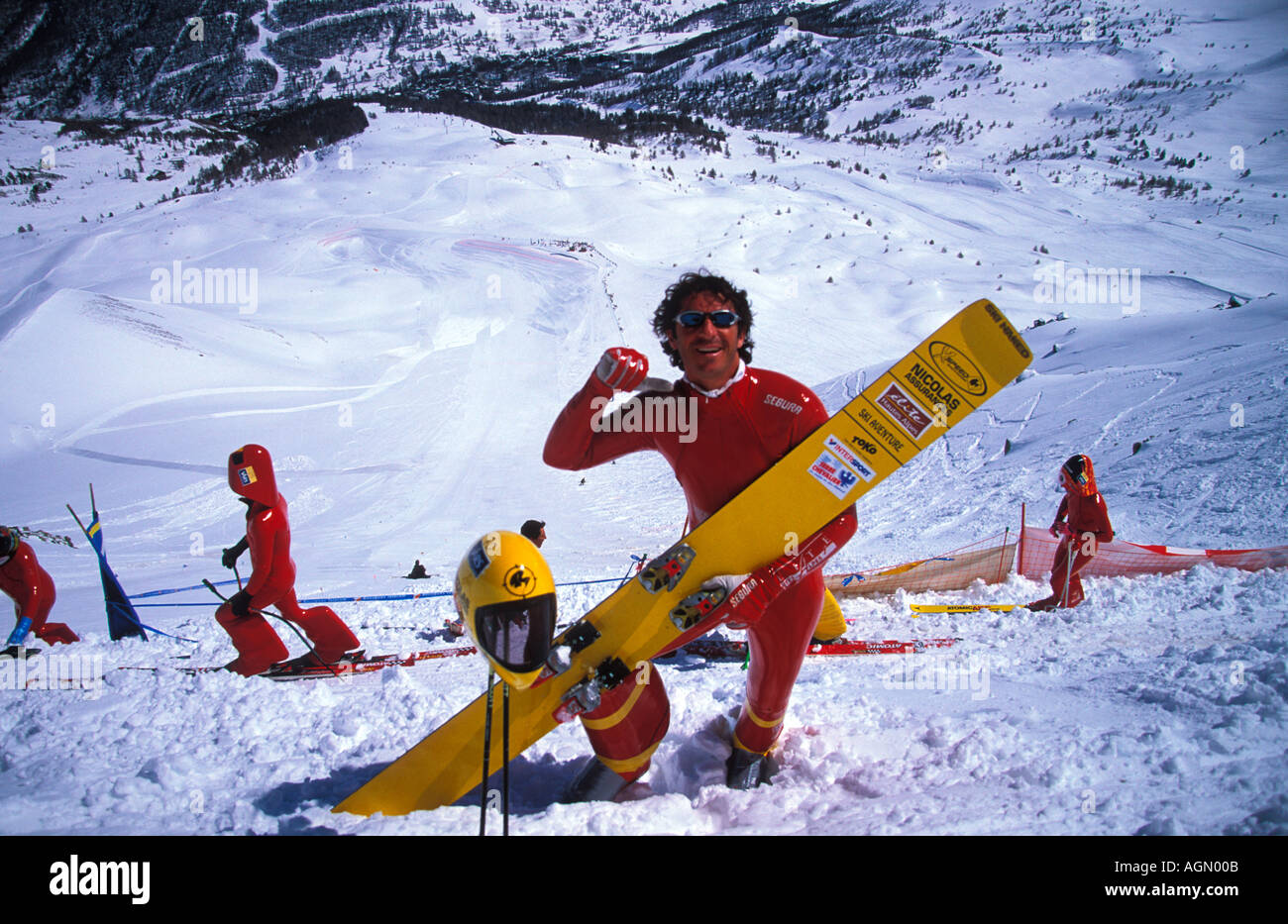 Mono skier taking a break from racing Les Arcs France Stock Photo
