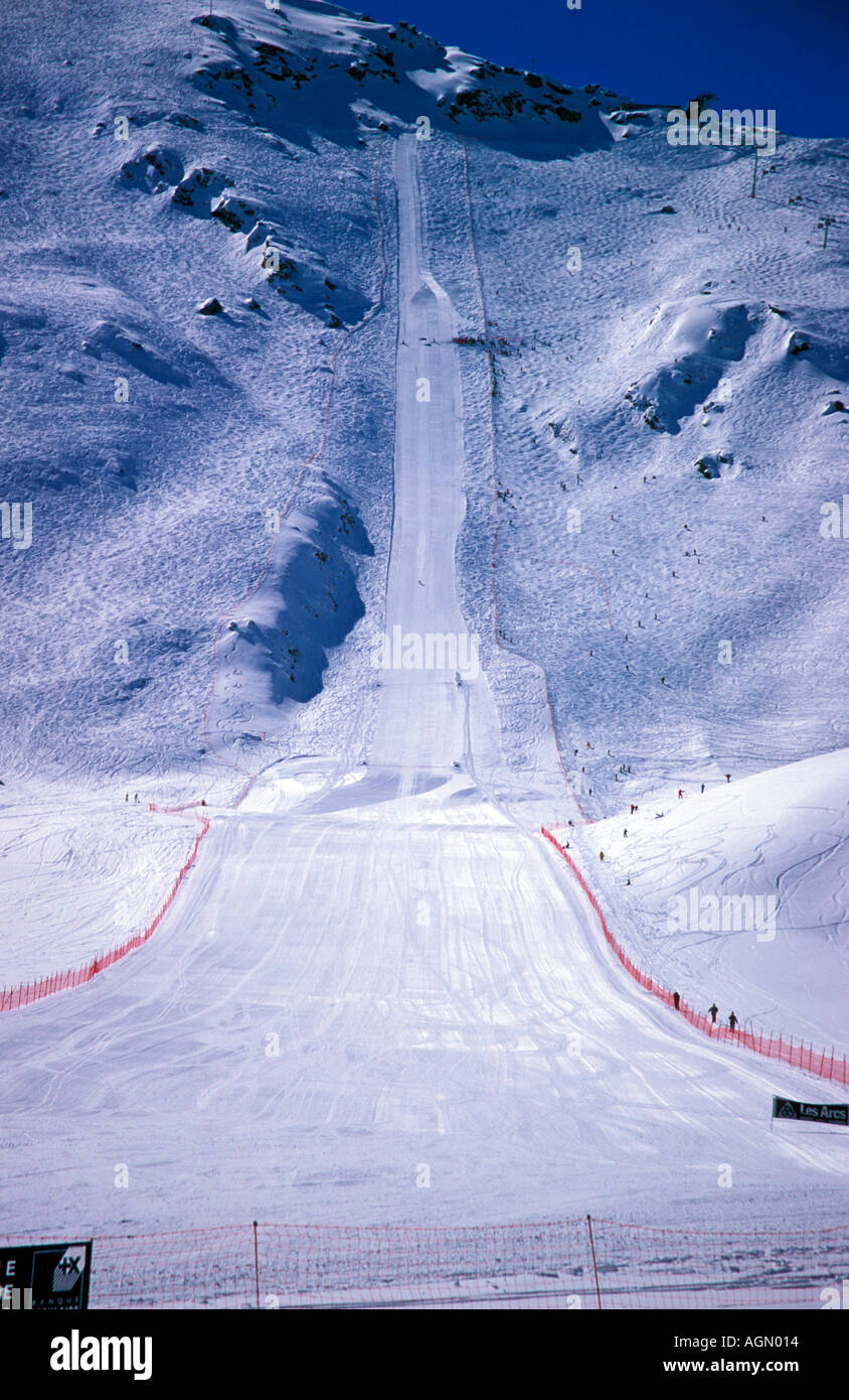 The flying kilometer speed Ski run Les Arcs France Stock Photo Alamy