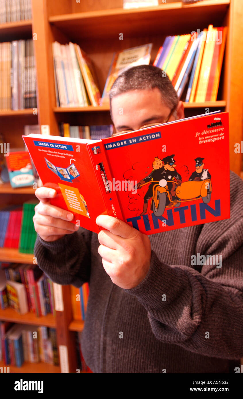 tintin Belgium brussels comic strip museum book books read shop reading tintin milou herge hergé Stock Photo