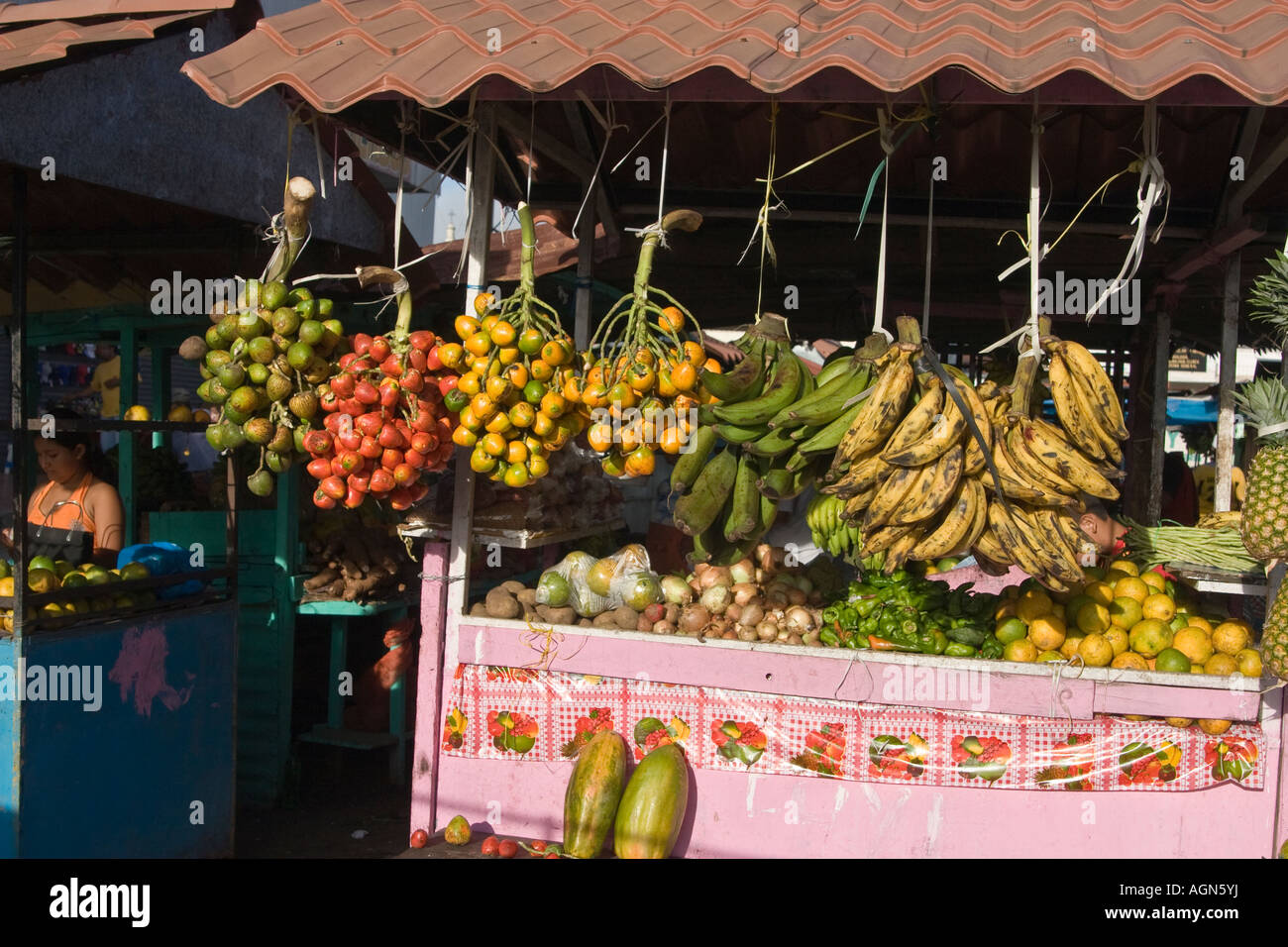 Pixbaes, plantains and pineapples for sale at El Mosquero, Santiago's public market. Santiago, Veraguas, Panama, Central America Stock Photo