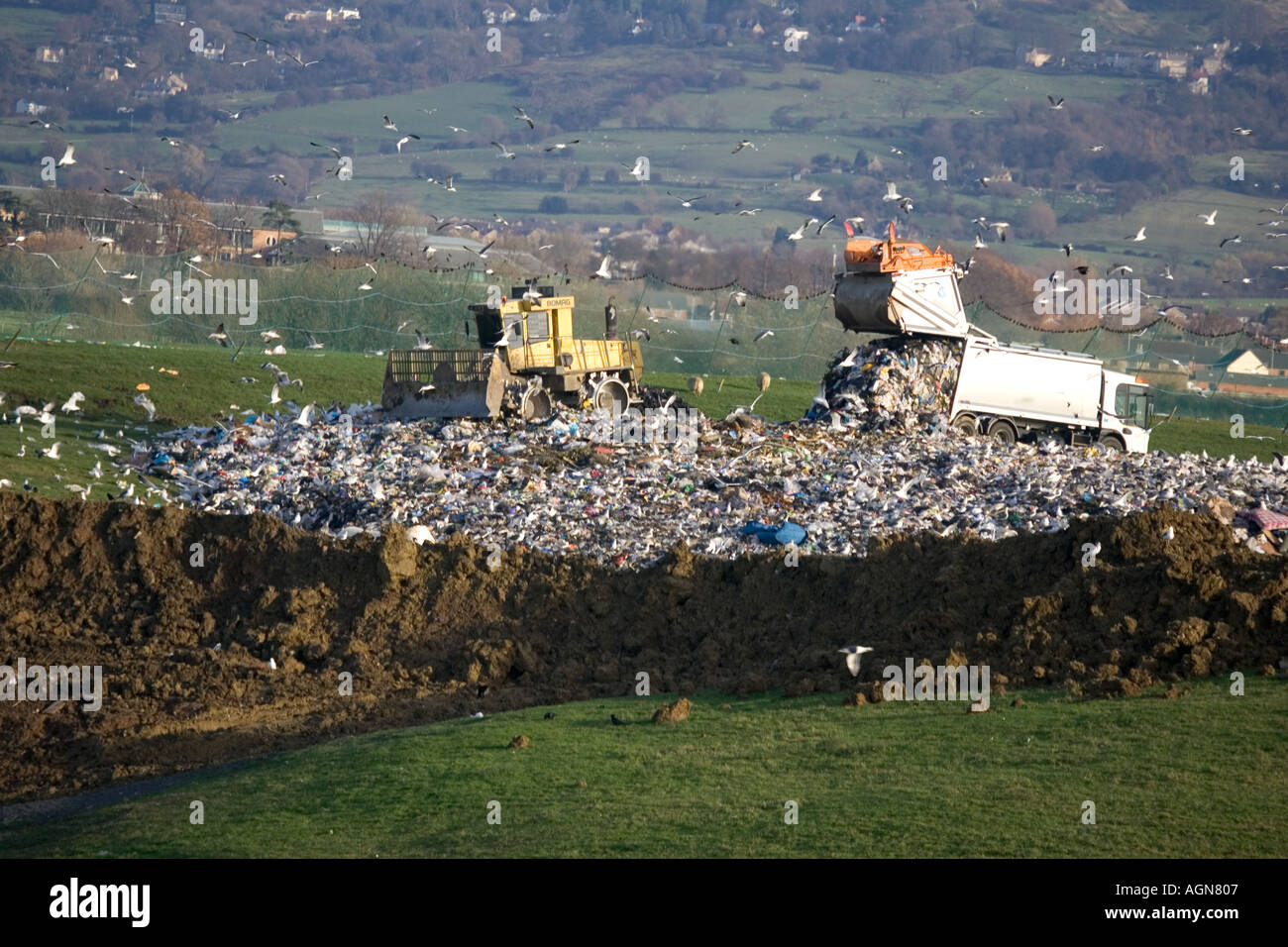 Gulls circling by domestic waste lorry on landfill site in Cotswolds Wingmoor Site Cory Environmental UK Stock Photo