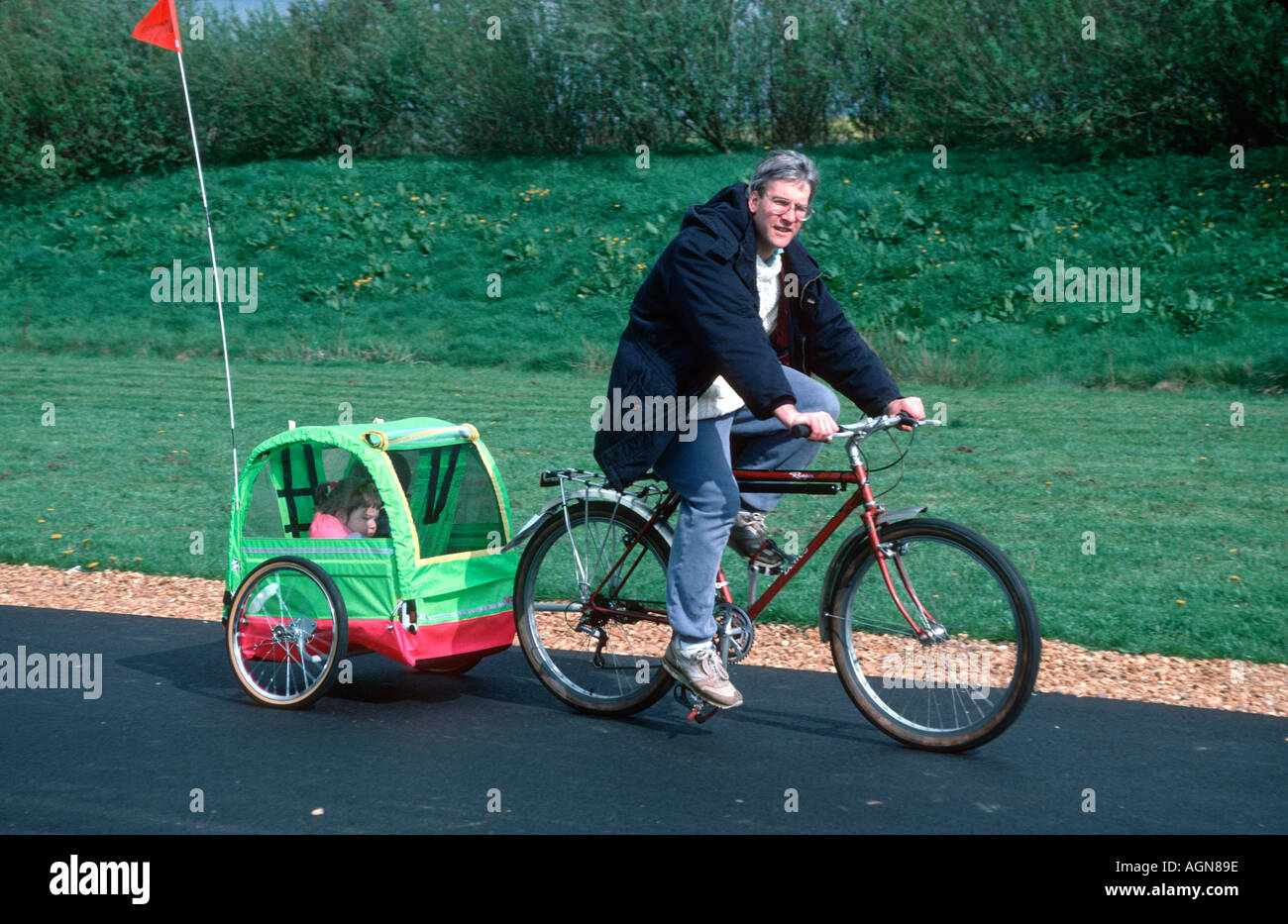 Bicycle with trailer on test at Ryton Gardens at AGM of Ecology Building Society UK Stock Photo