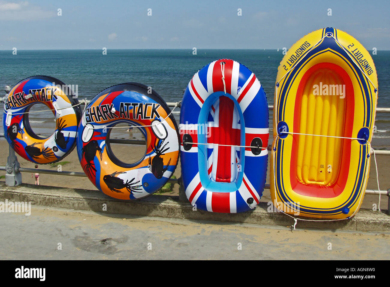 Brightly coloured inflatable boats on sale at Scarborough North