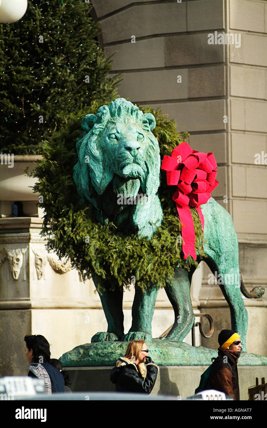 A Bronze Lion Statue With Wreaths Outside the Art Institute of Chicago Stock Photo