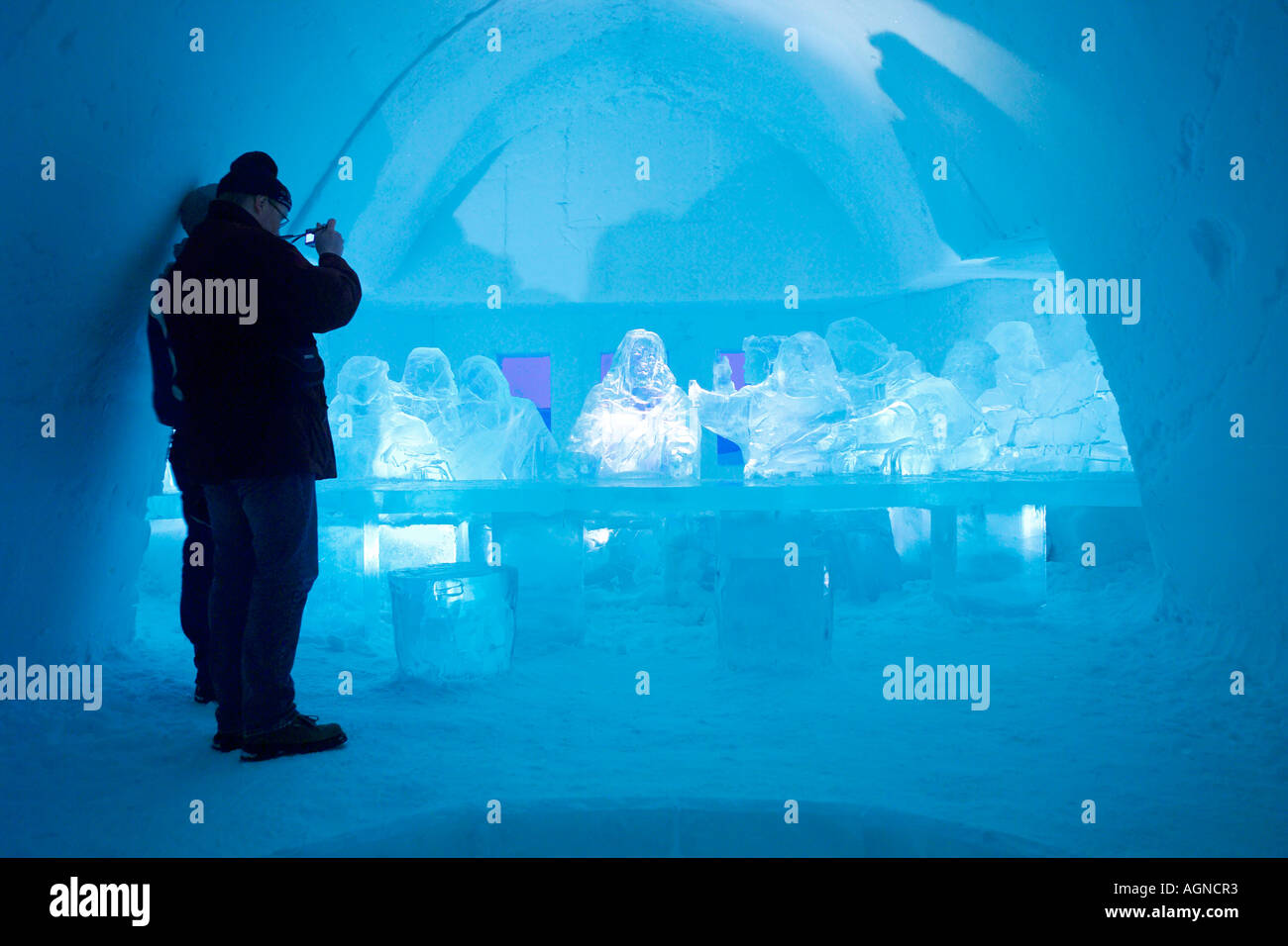 Ice sculpture of the last supper in one hotel room at the Ice hotel Jukkasjarvi Sweden Stock Photo