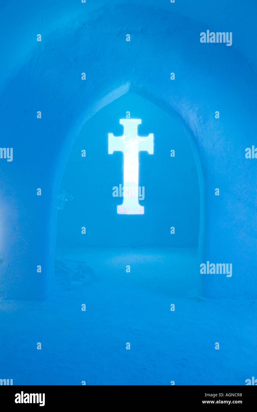 Cross inside the Ice Church at the Ice hotel Jukkasjarvi Sweden Stock Photo
