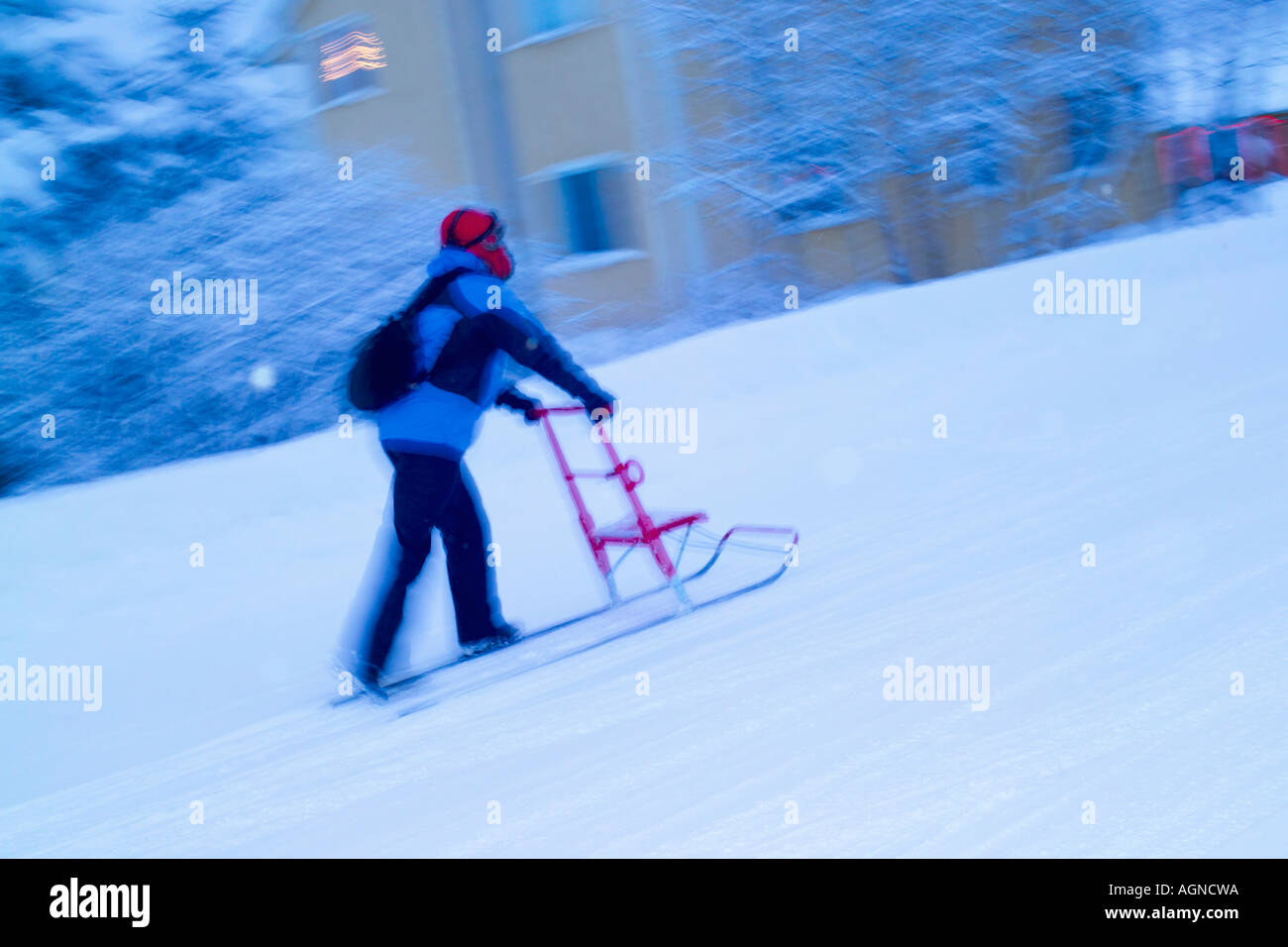 Woman is using a kicker spark to get around on the streets of Jukkasjarvi Sweden Stock Photo