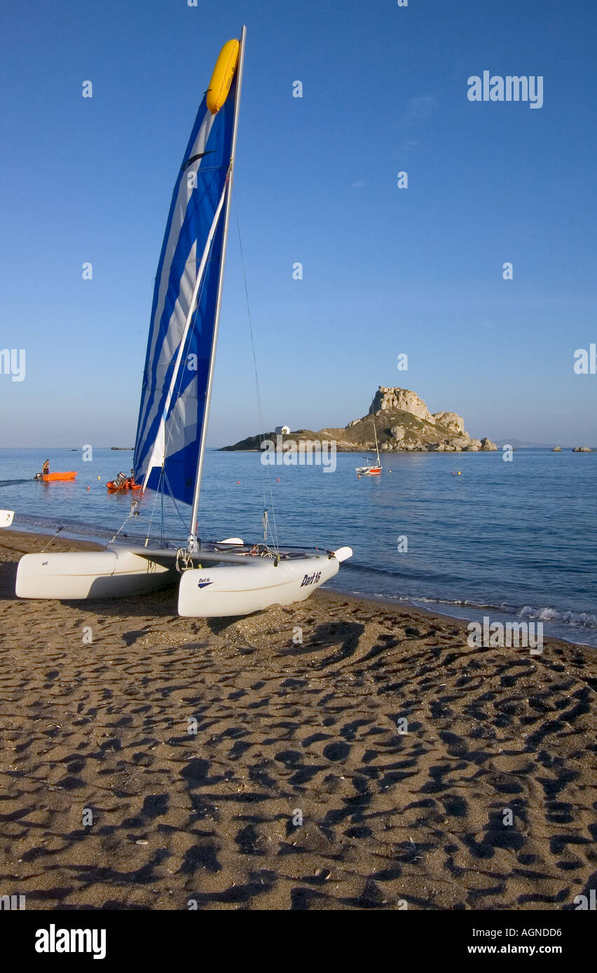 dh Kastri Island KASTRI ISLAND GREECE KOS Catamaran boat on beach Monastery of Ayios Antonis Kamari Bay Stock Photo