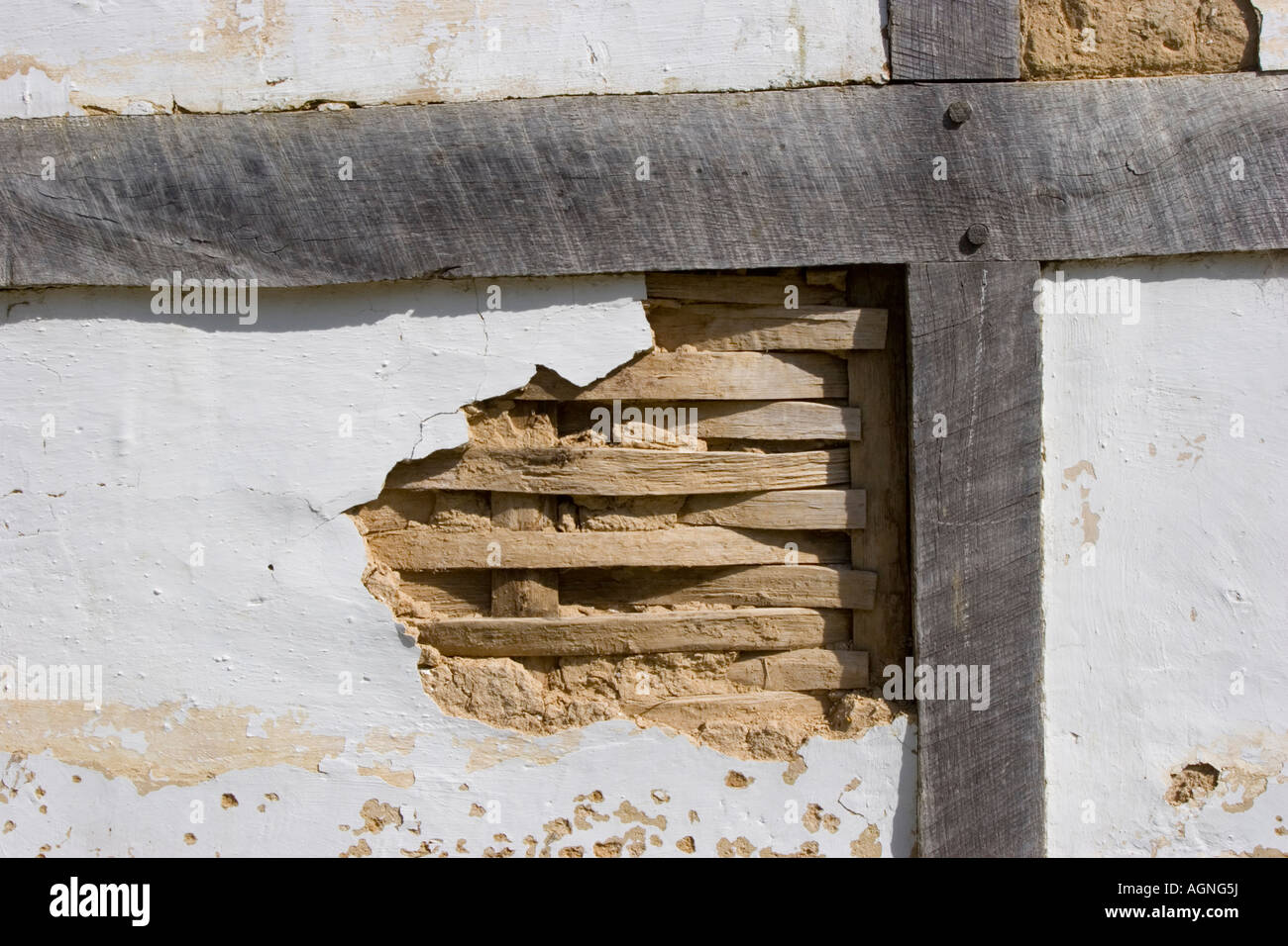 Traditional lath and plaster wall with laths exposed Stock Photo Alamy