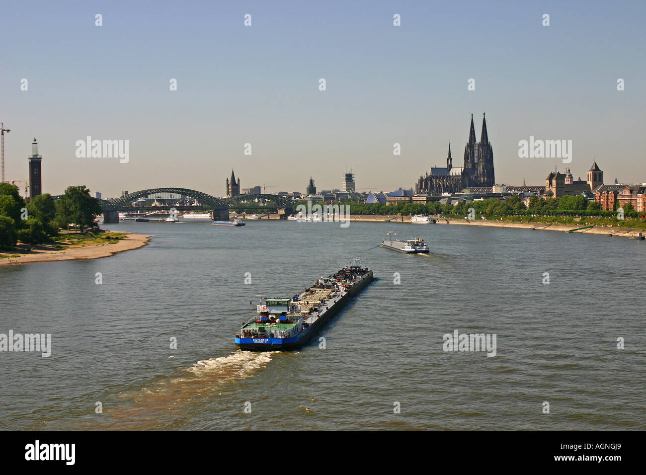 view from the north on the Hohenzollern Bridge and the Cathedrale, Rhine, Cologne, Germany Stock Photo