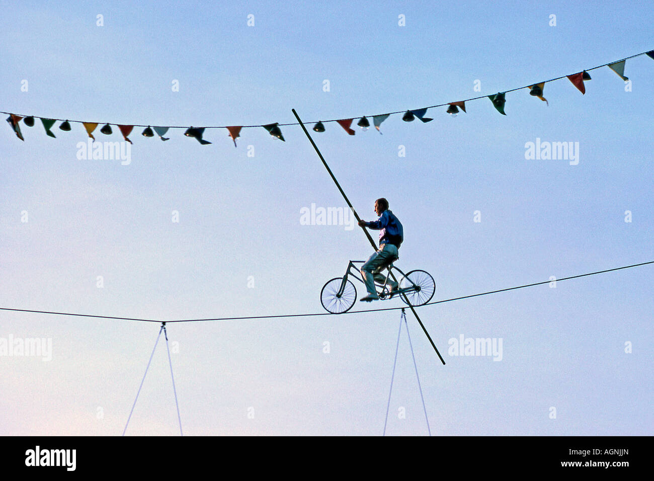 High wire balancing act with bicycle New York World's Fair 1964 Stock Photo