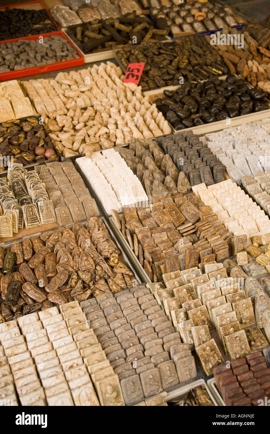 Different religious products offering at the Amulet Market Ko Ratanakosin Bangkok Thailand Stock Photo