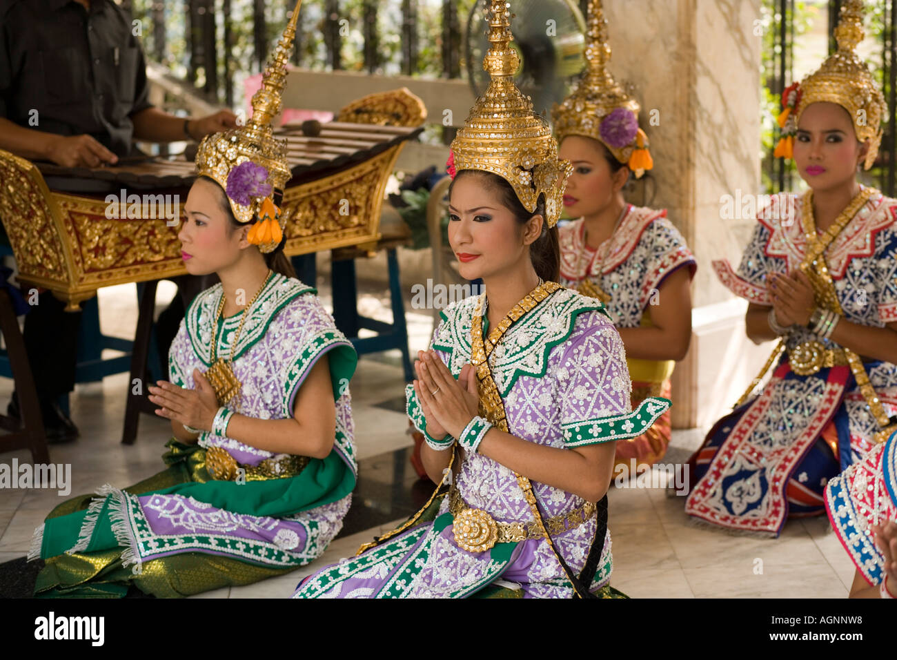 Thai dancers performing for Brahma Stock Photo