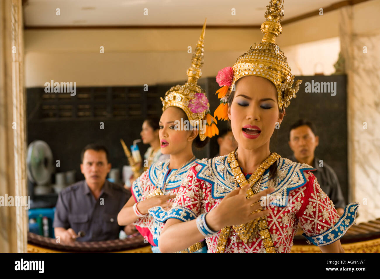 Thai dancers performing for Brahma Stock Photo