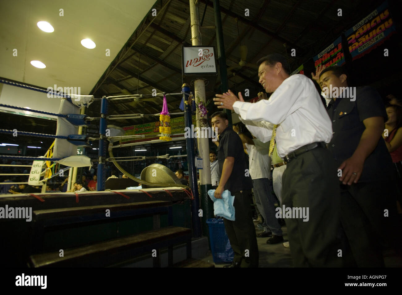 Coach applauding during a Thai boxing competition Lumphini Stadium Bangkok Thailand Stock Photo