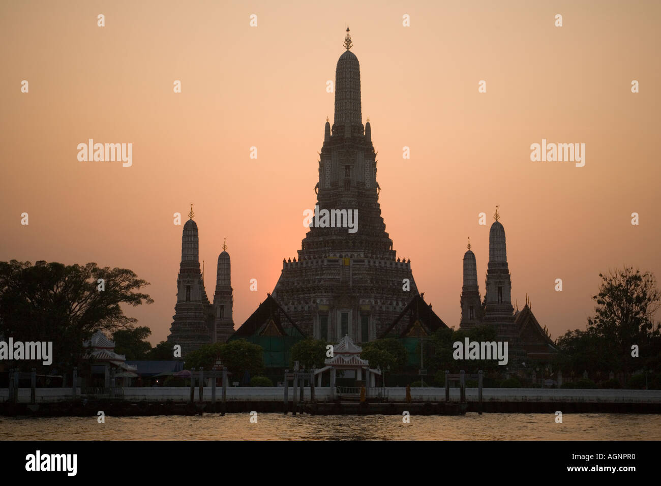 View over the river Menam Chao Phraya to Wat Arun Temple of Dawn Bangkok Thailand Stock Photo