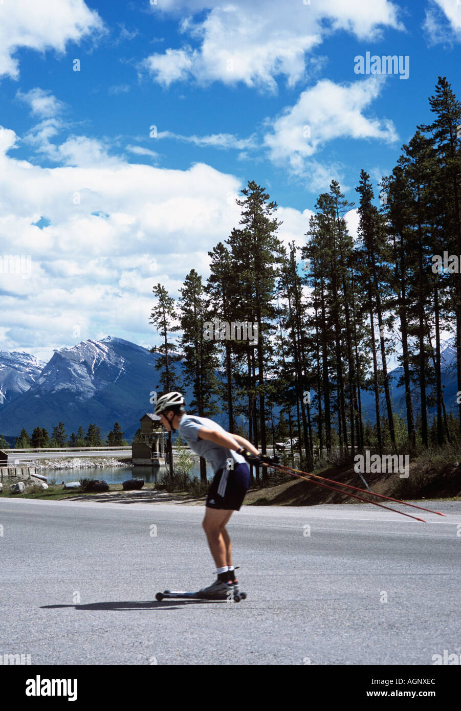 ROLLER SKI TRAINING in SUMMER Canmore Alberta Canada Stock Photo