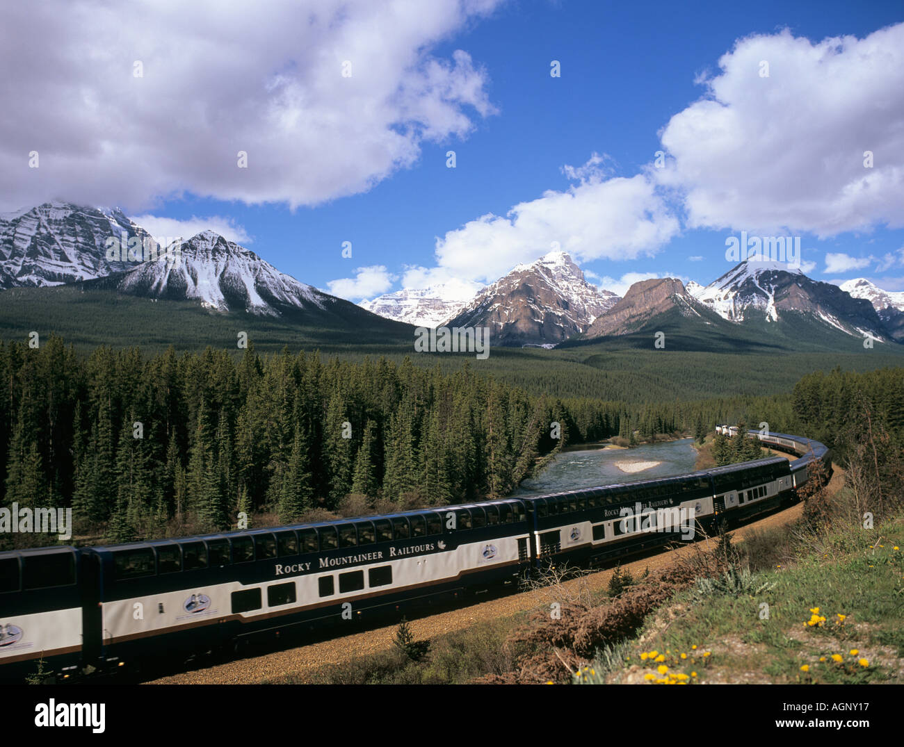 ROCKY MOUNTAINEER RAILTOURS TRAIN at Morant's Curve 'Lake Louise' Alberta Canada Stock Photo