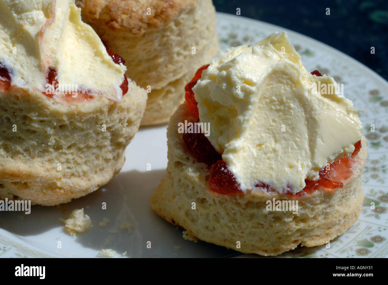 Cream Tea, Traditional Cream Tea, scones with jam and clotted cream Stock Photo