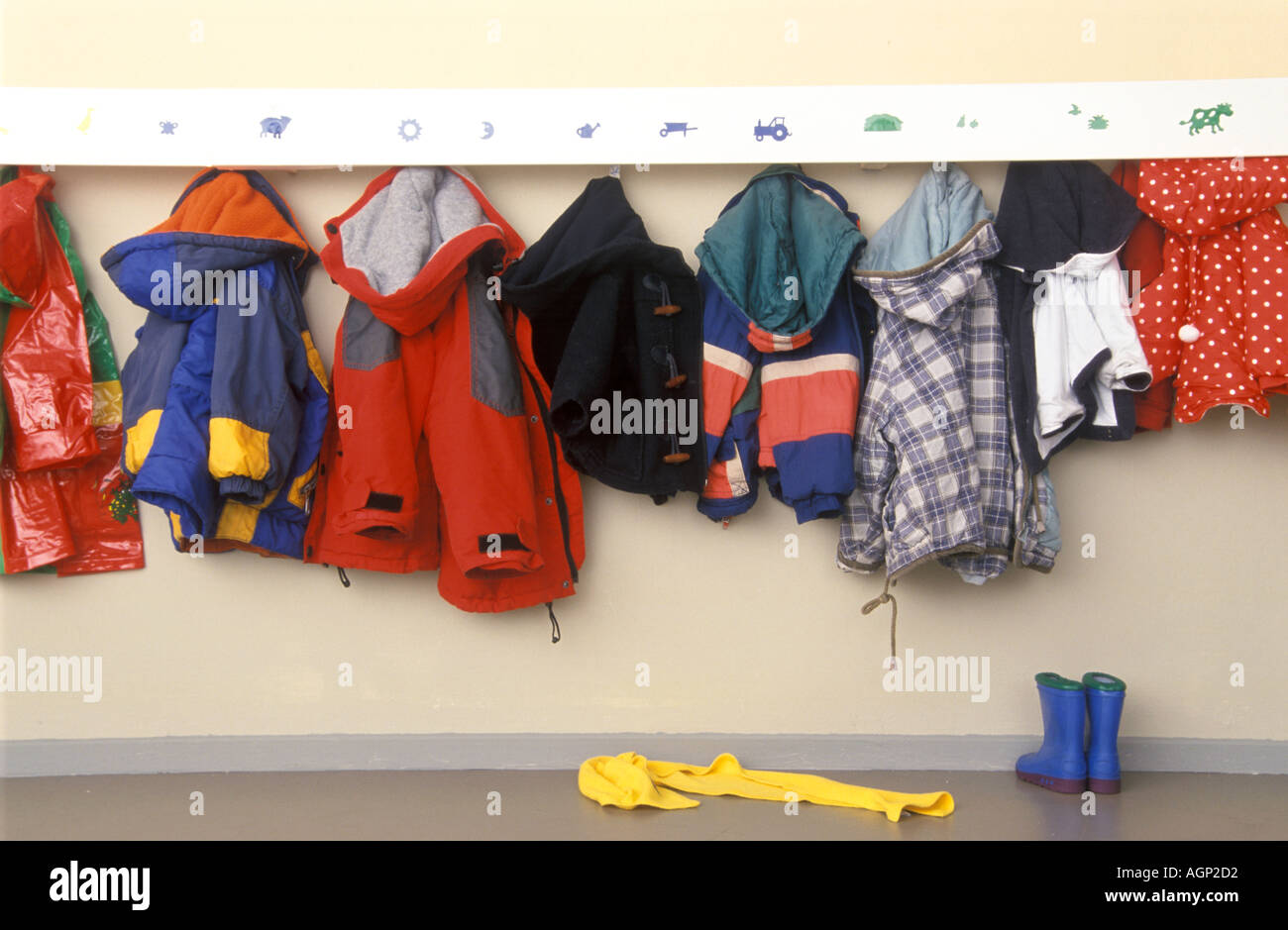 Coat hooks in nursery Stock Photo