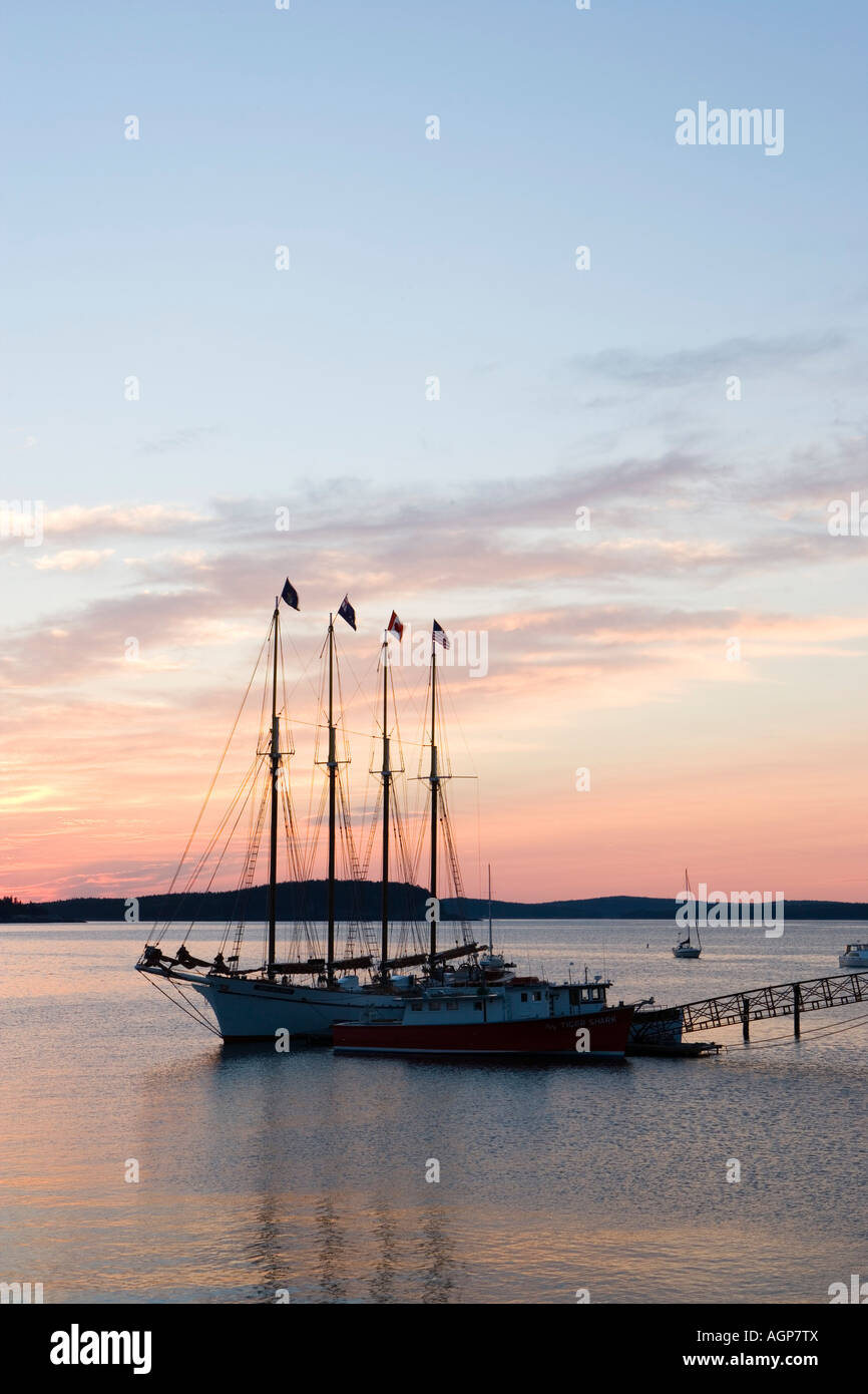 Sunrise in Bar Harbor near Maine s Acadia National Park Four masted schooner The Margaret Todd Stock Photo