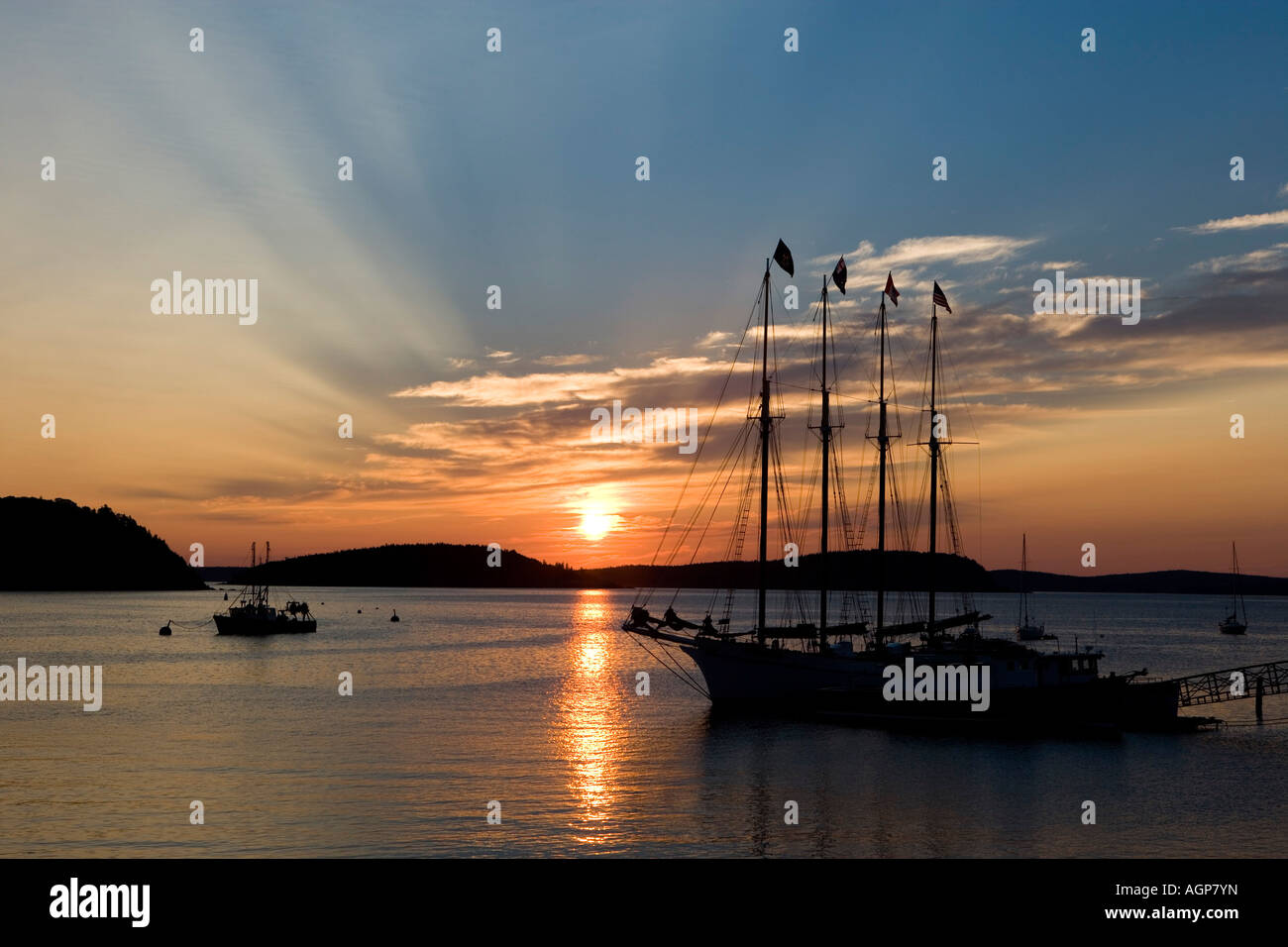 Sunrise in Bar Harbor near Maine s Acadia National Park Four masted schooner The Margaret Todd Stock Photo