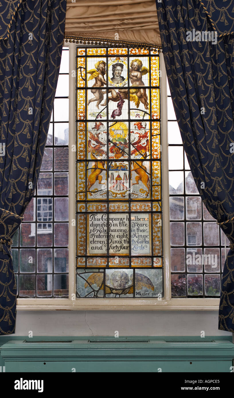 Stained glass window in the Counsel or Counting House room in the 14th Century Merchant Taylors Hall York England UK Stock Photo
