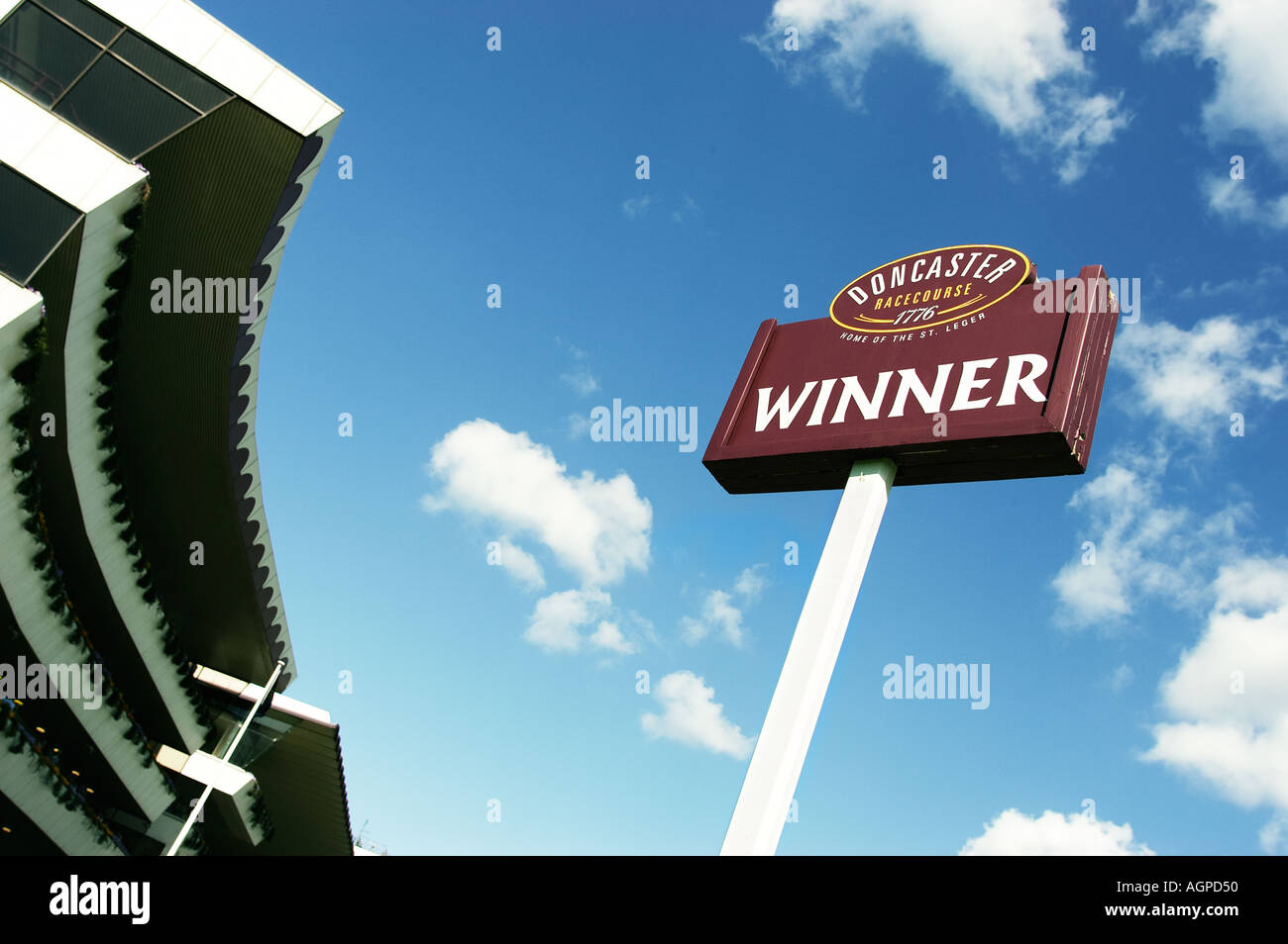 Success concept - Winner sign post at a Racecourse, UK Stock Photo