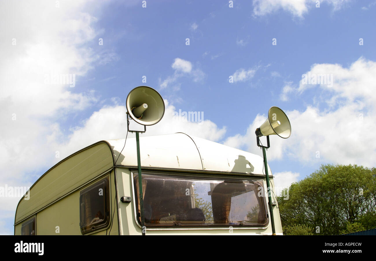 Event secretary caravan with tannoy louspeakers Stock Photo