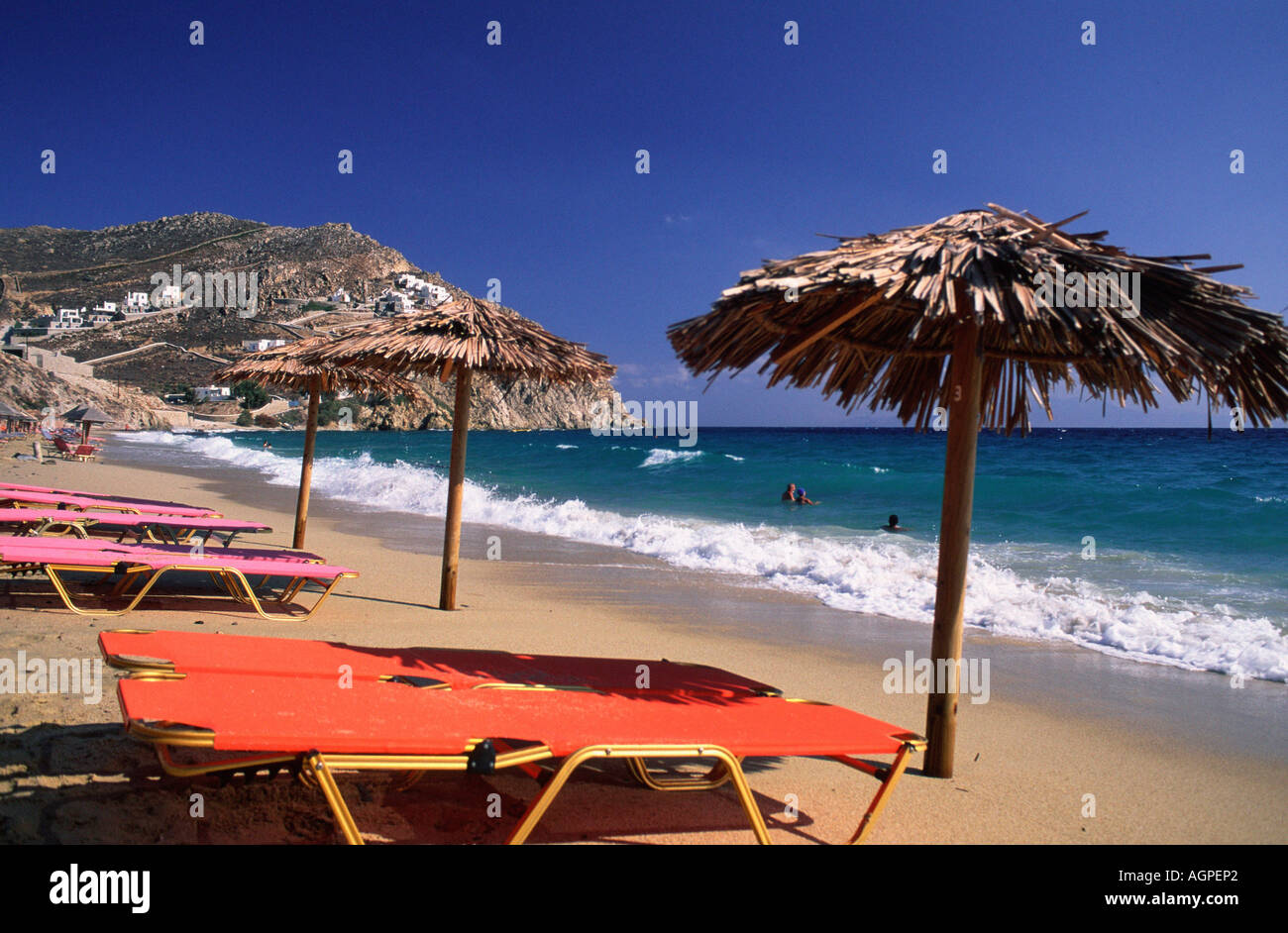 Sunbeds at beach / Mykonos / Sonnenliegen am Strand Stock Photo Alamy