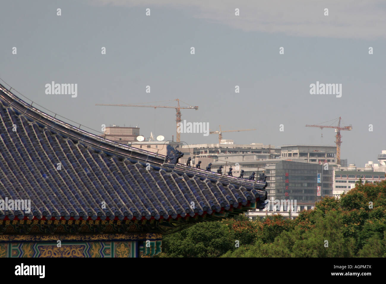 old fashion roof and new buildings in Beijing China August 2007 Stock Photo