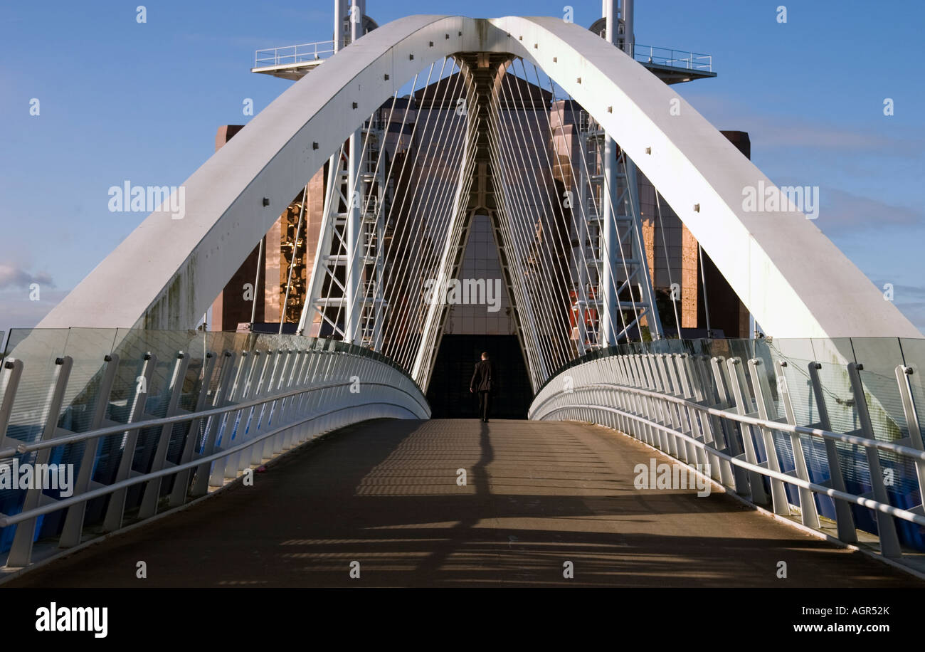 The Millenium Footbridge Salford Quays Looking Towards the Quay West Building Stock Photo