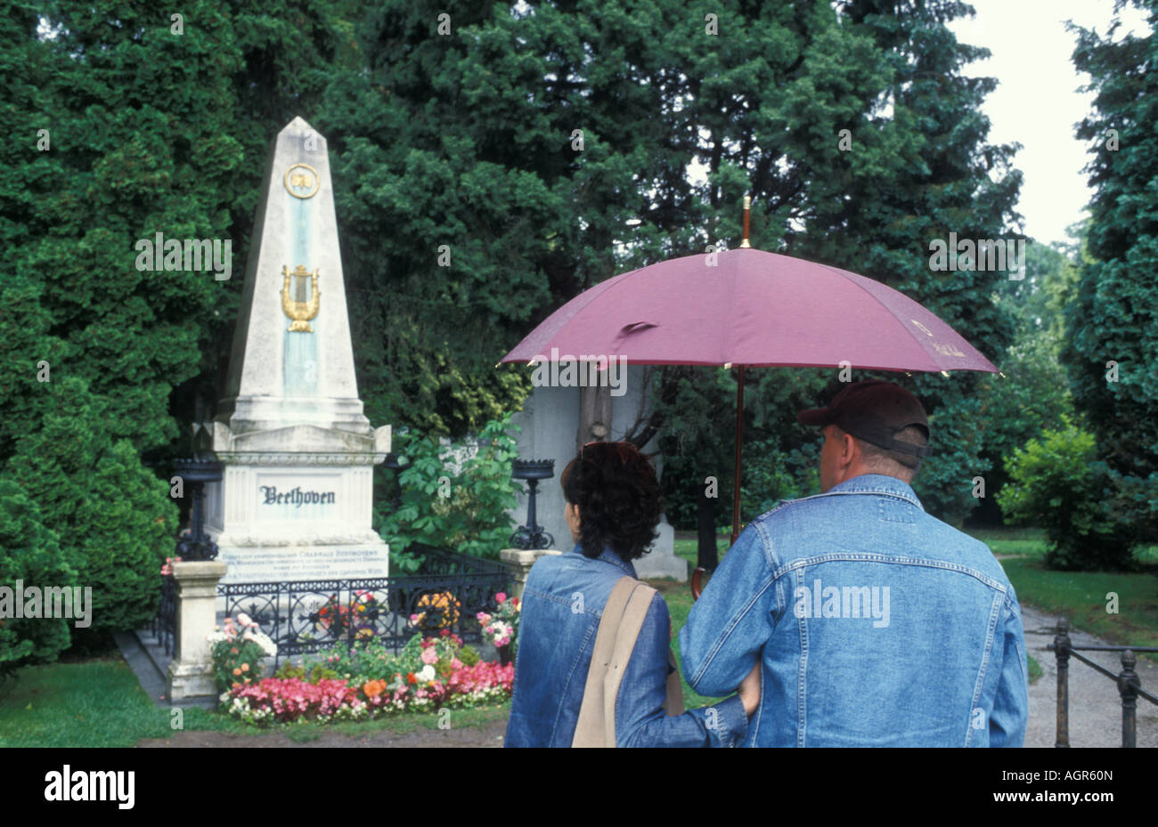 Tourists at the grave of Beethoven at the Zentralfriedhof cemetery in Vienna Austria Stock Photo