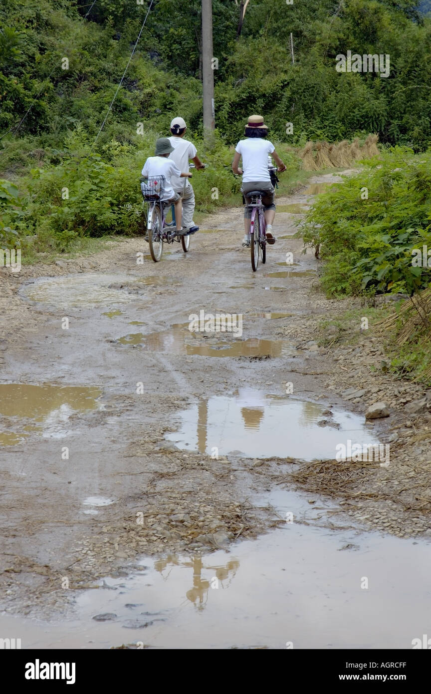 China Guangxi Yangshuo European Family Biking Along The Rice Paddies Stock Photo