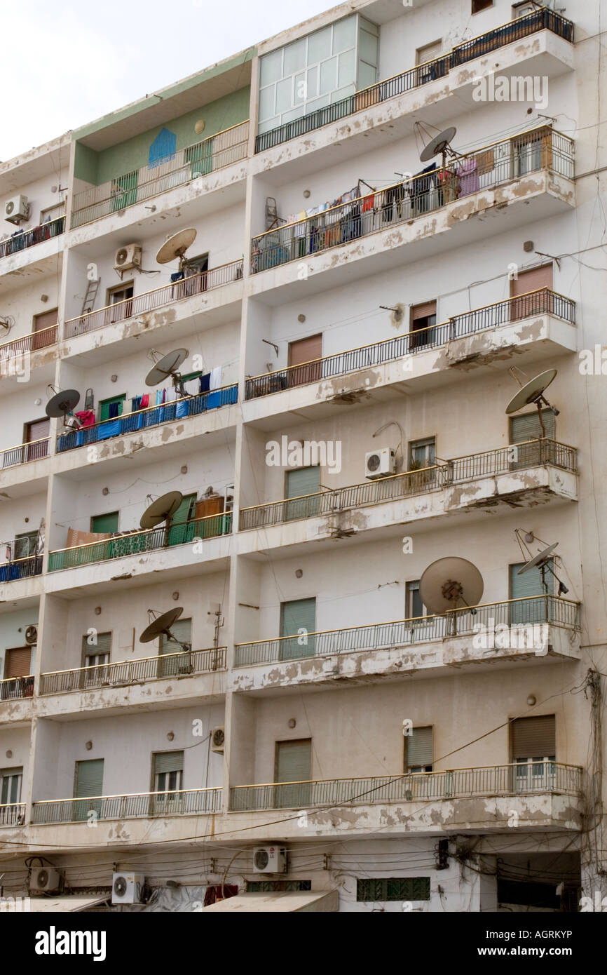 Tripoli, Libya. Apartment Building, Satellite Dishes, Rashid Street Stock Photo