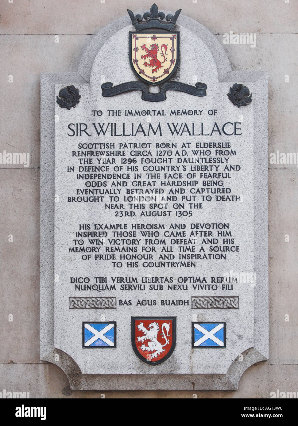 Memorial plaque to Sir William Wallace at St Bartholomews Hospital, London, England, UK Stock Photo
