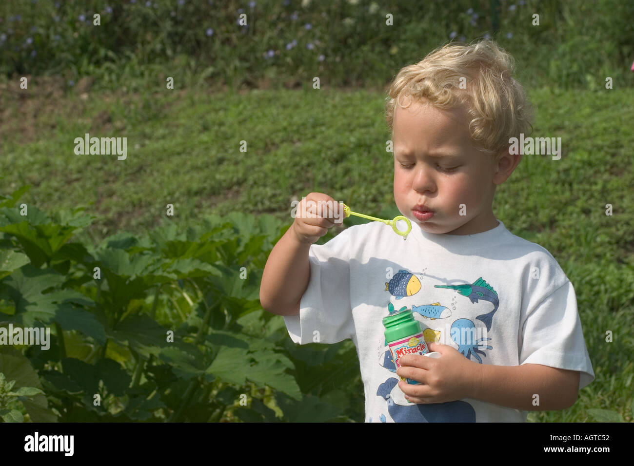 Child blows bubbles Stock Photo