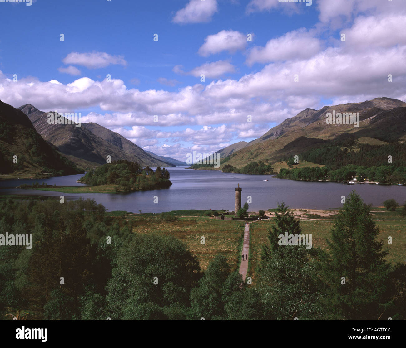 UK Scotland Inverness shire Glen Finnan Loch Shiel and Monument to the Jacobite Rebellion Stock Photo
