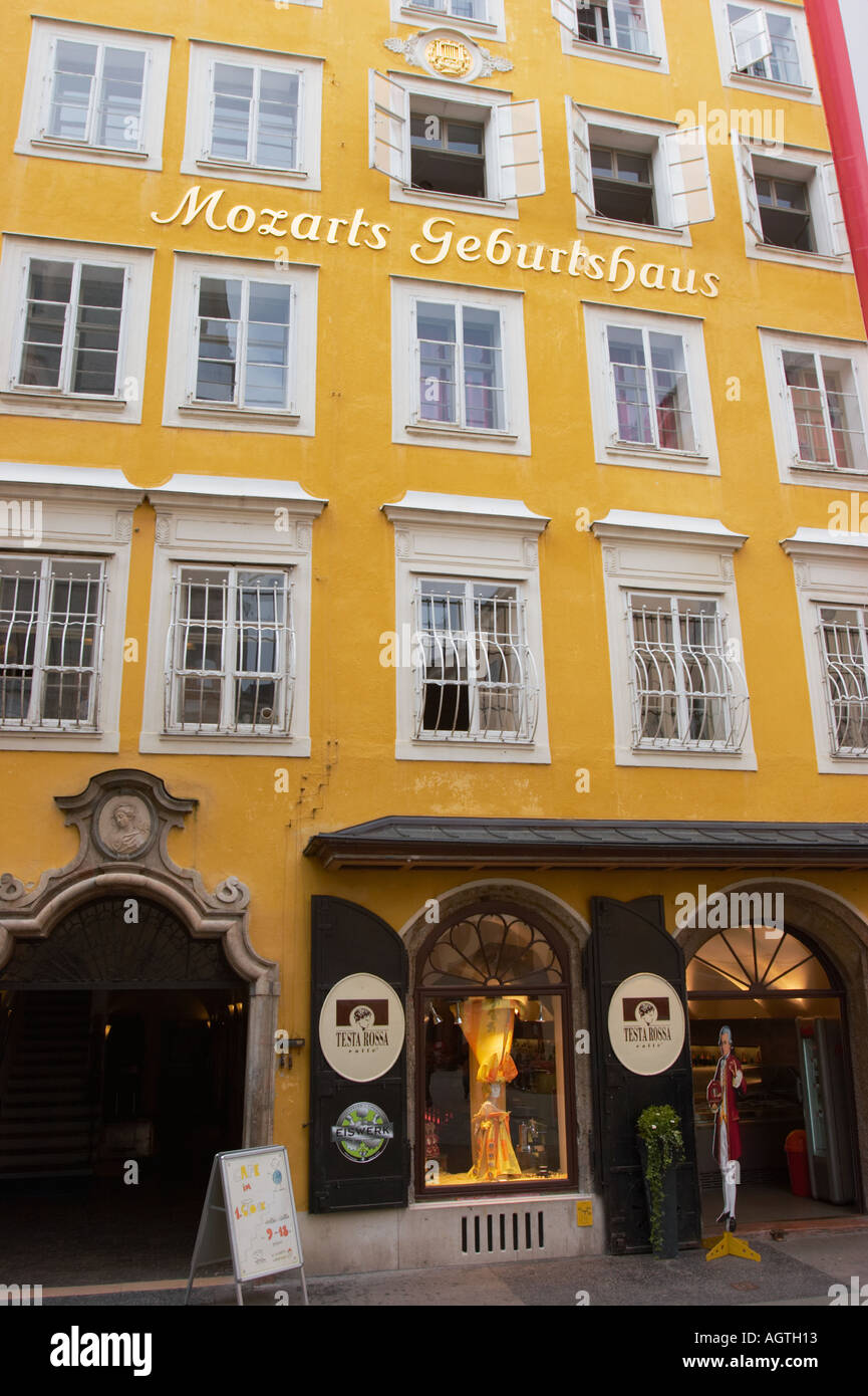 Facade of the house on Getreidegasse street where Wolfgang Amadeus Mozart was born in 1756. Salzburg, Austria. Stock Photo