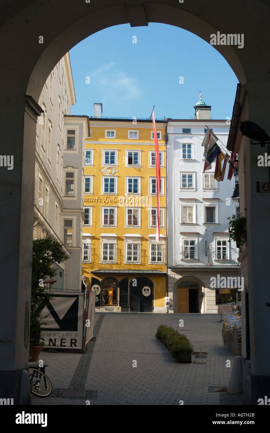 View of the Hagenauerplatz square and Mozart' s house on Getreidegasse street. Salzburg, Austria. Stock Photo