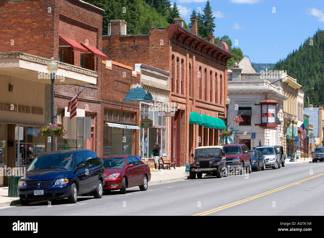 Main street and old brick buildings in the small town of Wallace Idaho Stock Photo