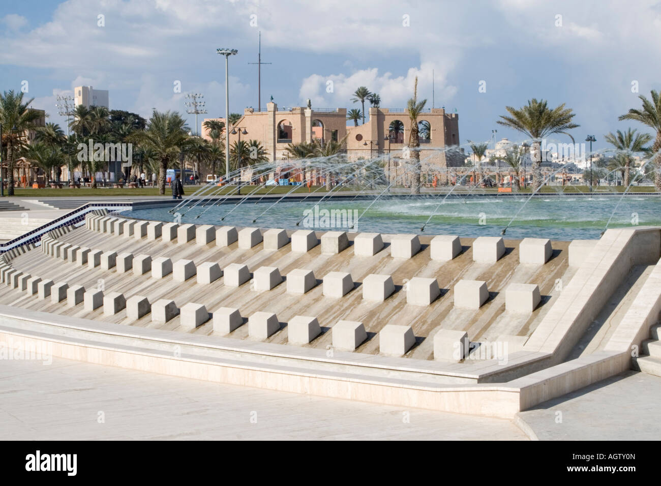 Tripoli, Libya. Green Square Fountain, National Museum in Background Stock Photo