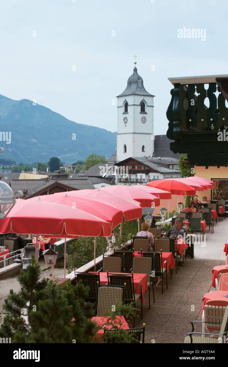 Open air cafe in St. Wolfgang village. Salzkammergut, Austria. Stock Photo