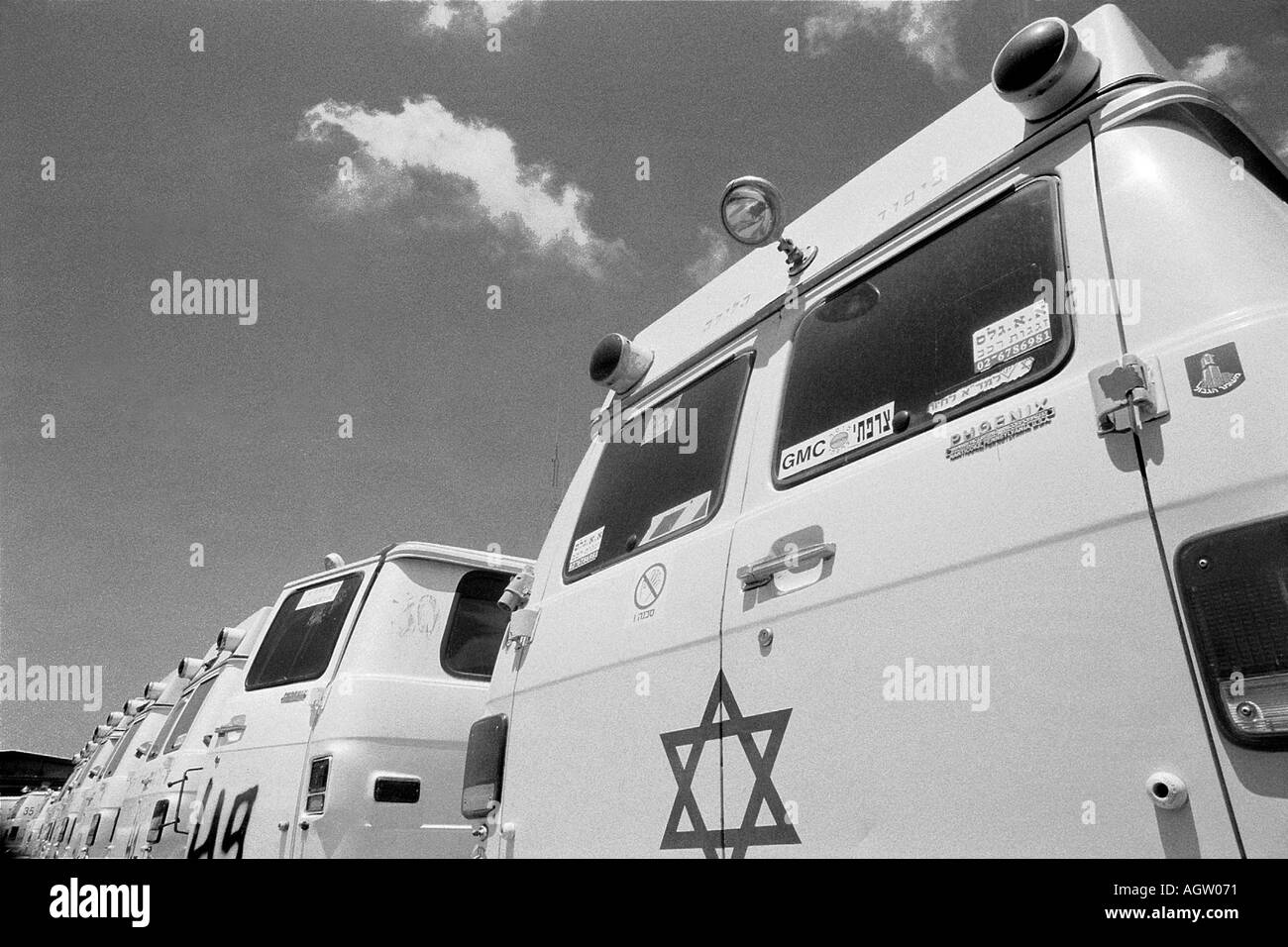 Mobile care vehicles parked in 'Magen David Adom' Israel's national emergency medical service station Stock Photo